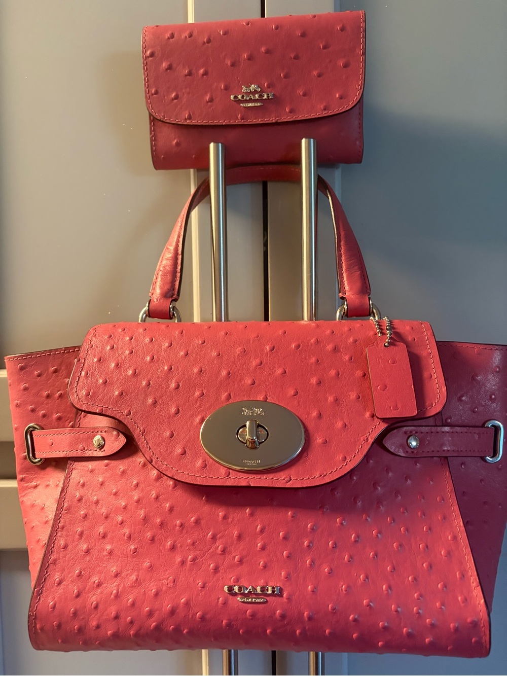 Coach Strawberry Ostrich-Textured Leather Satchel with Matching Envelope Wallet